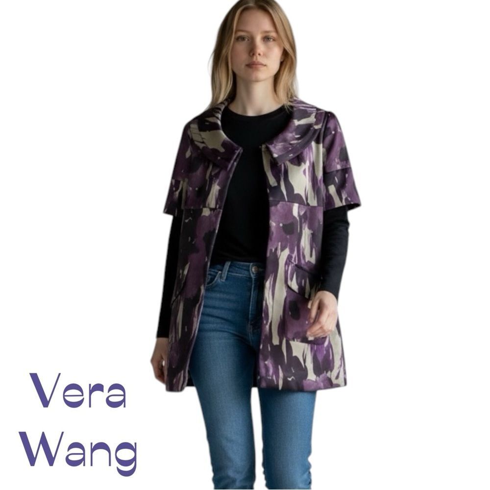 Vera Wang Purple Watercolor Print Long Jacket NWOT Size M